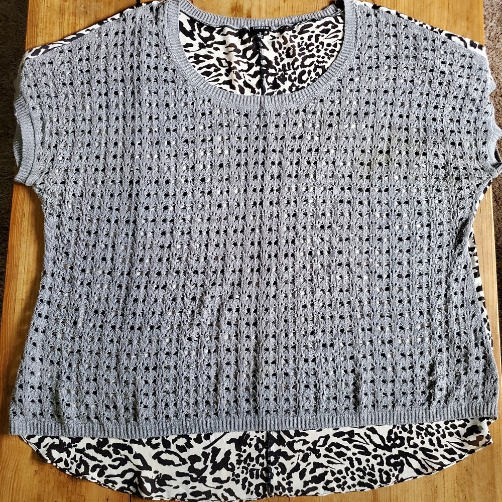 Torrid 3 Plus Size Women's Dress Top Grey Knit Front/Sheer Leppard Print Back